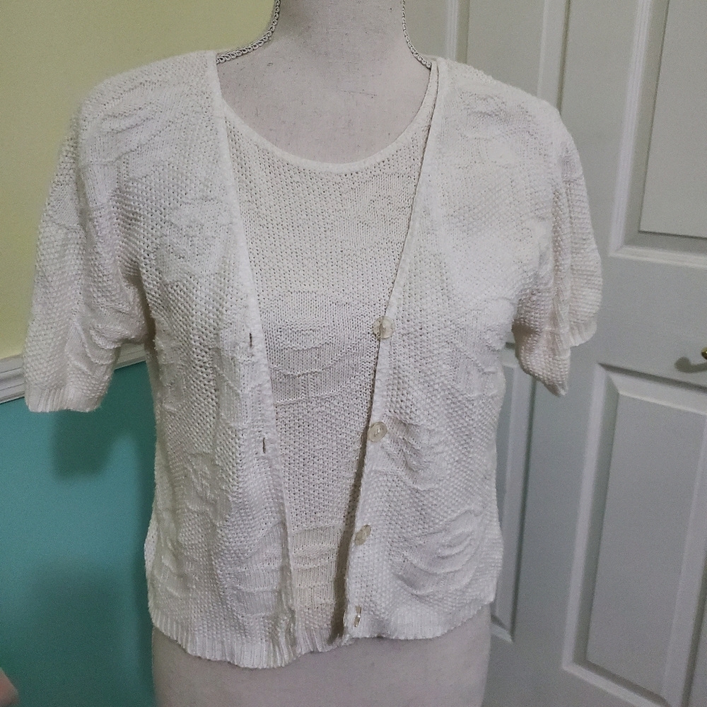 Knit Resource Retro Y2K Off-White Floral Texture Knit Cardigan & Tank Top Set S